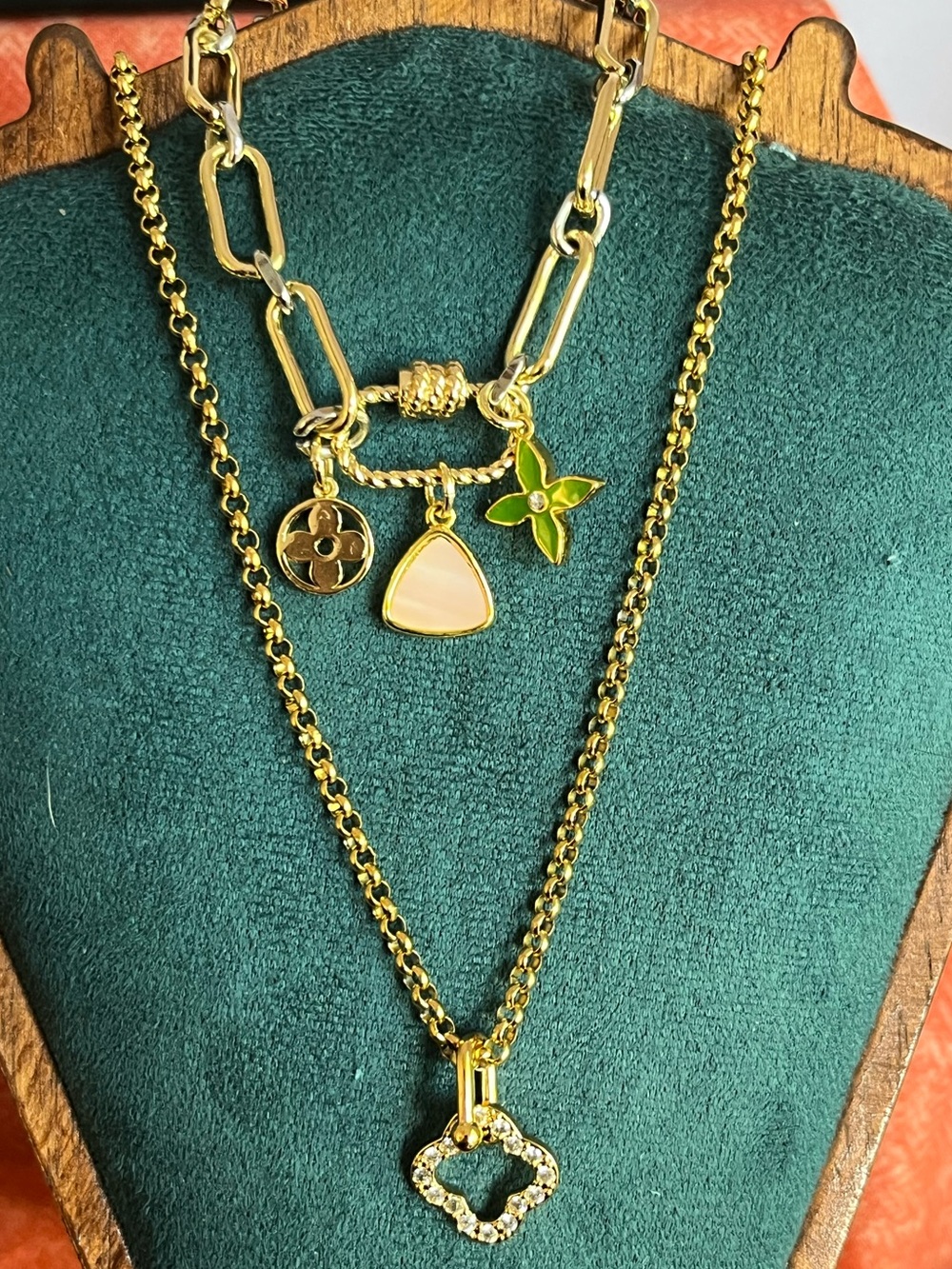 Gold Clover Necklace w/ Upcycled Two-tone Charm Bracelet w/Caribiner